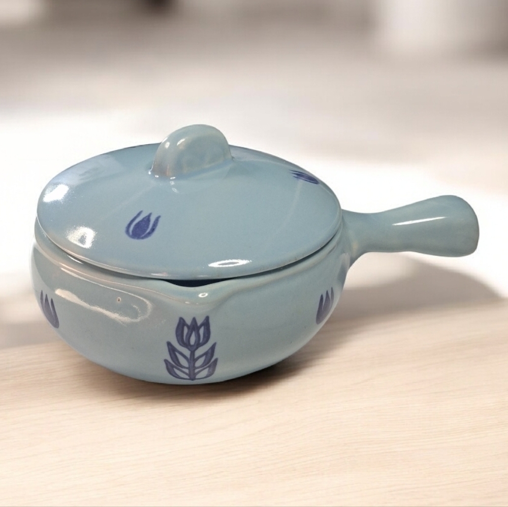 Vintage 1958-1961 Cameron Clay "Blue Tulip" Teal Mini Skillet w/ Lid